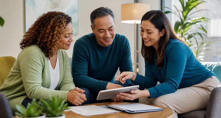 A patient, caregiver, and coordinator reviewing choices together on a tablet