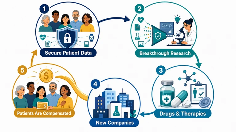 Five-step patient-centered discovery loop: secure patient data supports breakthrough research, drugs and therapies, and new companies, with patients compensated when efforts succeed